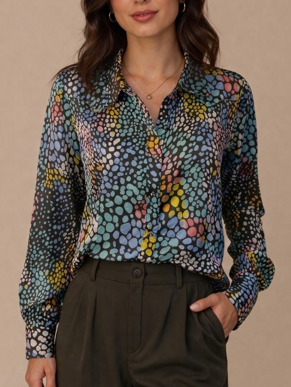 WRANGLER Satin Colorful Pastel Rainbow Animal Print Long Sleeve Snap Shirt